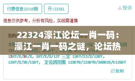 22324濠江论坛一肖一码：濠江一肖一码之谜，论坛热议下的策略与智慧