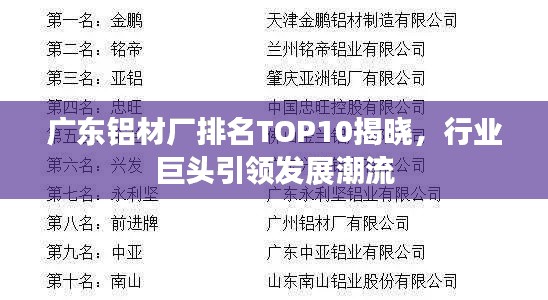 广东铝材厂排名TOP10揭晓，行业巨头引领发展潮流